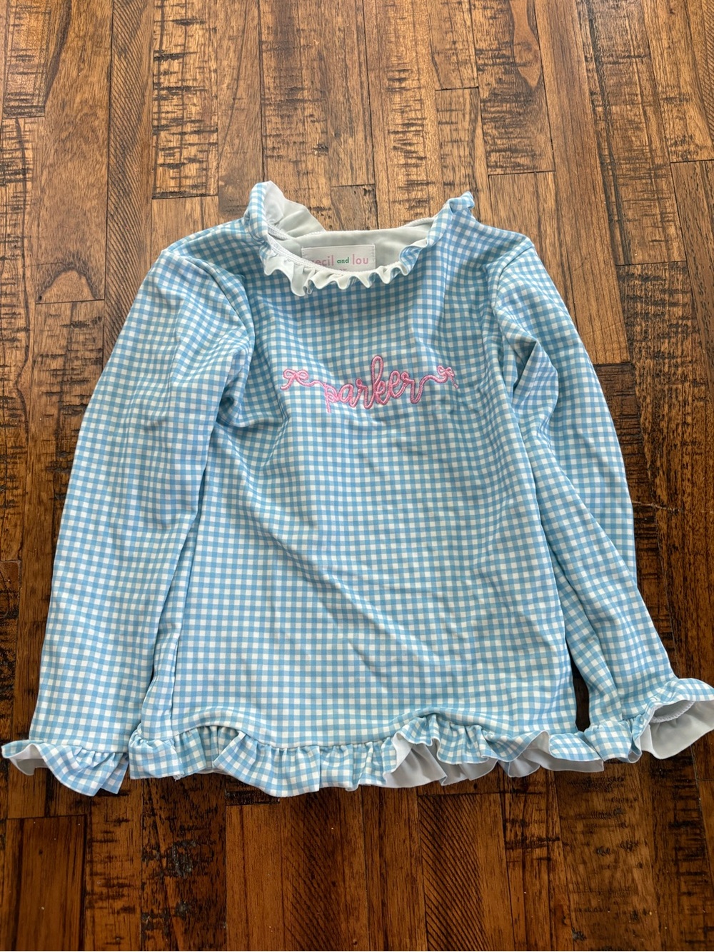 Cecil and Lou Blue and White Gingham Ruffled Swimsuit Top Embroidered Parker 3T